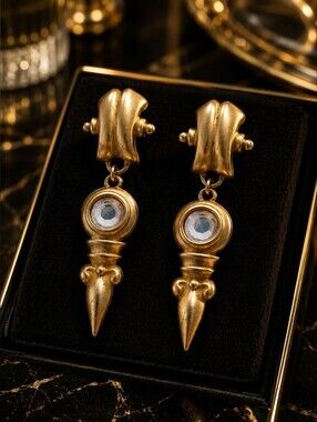 Fabulous Vintage Gold Drop Dangle Earrings with Clear Stone ✨